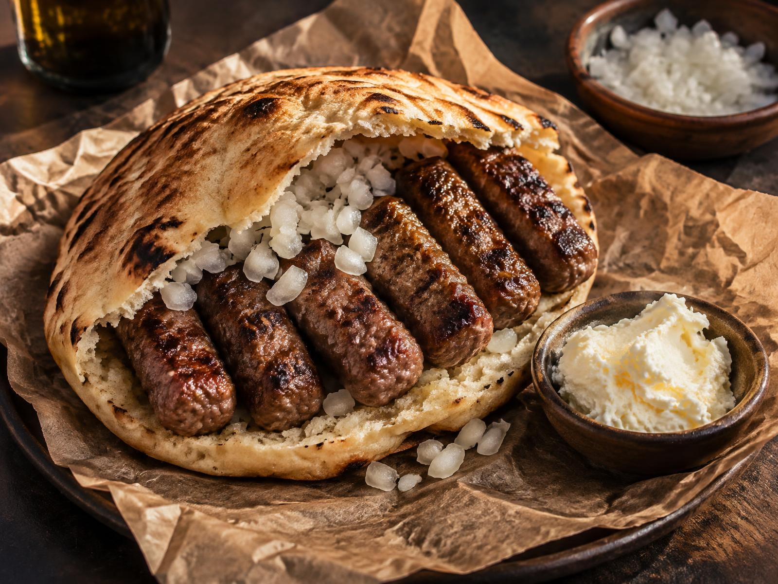 Grillade ćevapi i lepinja med lök och kajmak