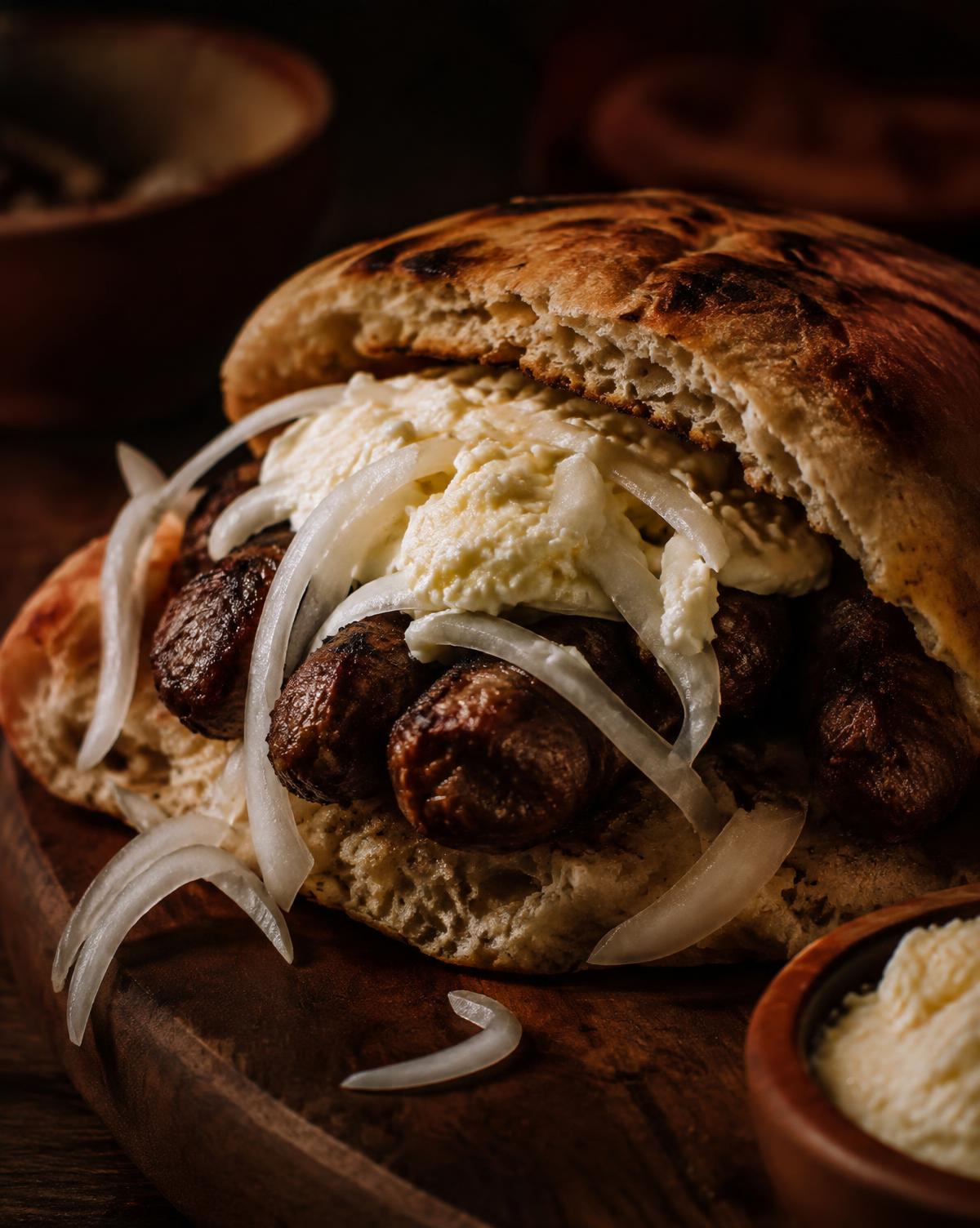 Ćevapi i somun med lök och kajmak